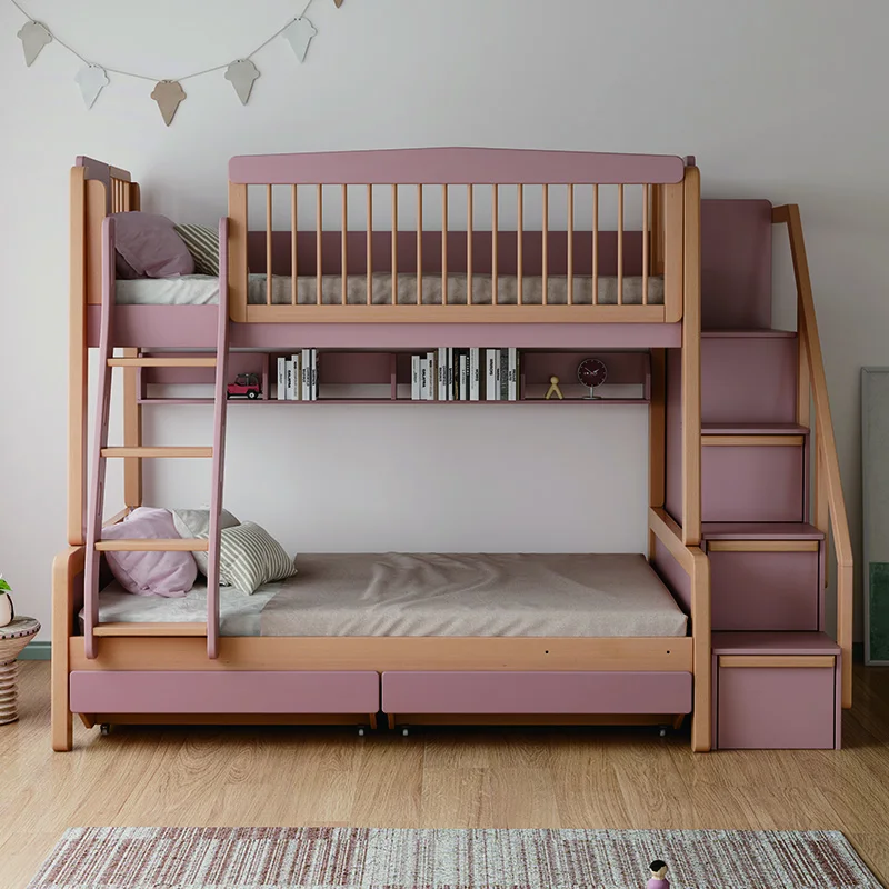 Factory Direct Wooden Furniture Double Bed Solid Wood Bunk Kids Bed with Stairs Ladders for Adult Children
