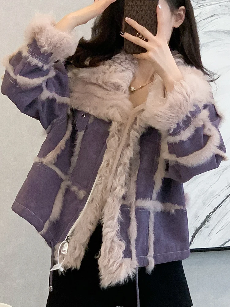 Trend Purple Short Fur Jacket Women Thick Winter Warm Line Zipper Heavy Industry Overcoat Female 2024 New Fashion Bomber Coat