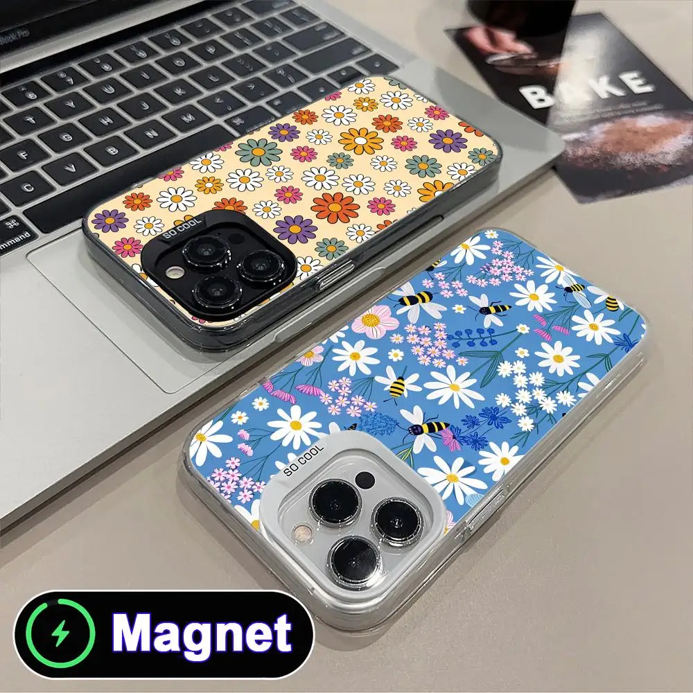 

Чехол для телефона с цветочным узором для iPhone 17 16 15 14 13 12 11 Air Pro Max Plus, цветной, серебристый, с MagSafe