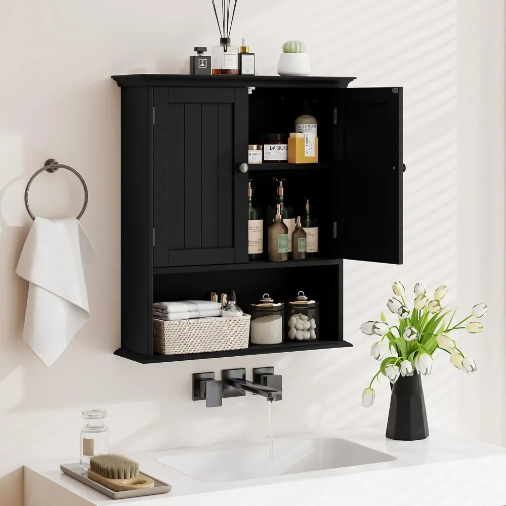 خزانة تخزين الحمام المثبتة على الحائط بباب مزدوج مع رفوف قابلة للتعديل للاستخدام متعدد الأغراض