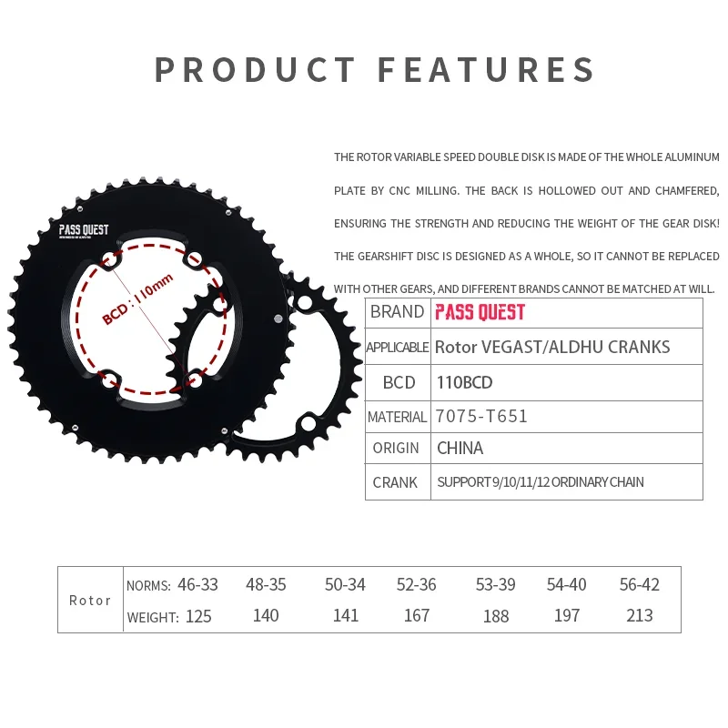 12 Speed For Rotor VEGAST/ALDHU CRANKS Double Chainrings 110BCD Road Bike Closed Disk 46-33T 48-35 50-34 52-36 53-39T Chainwheel