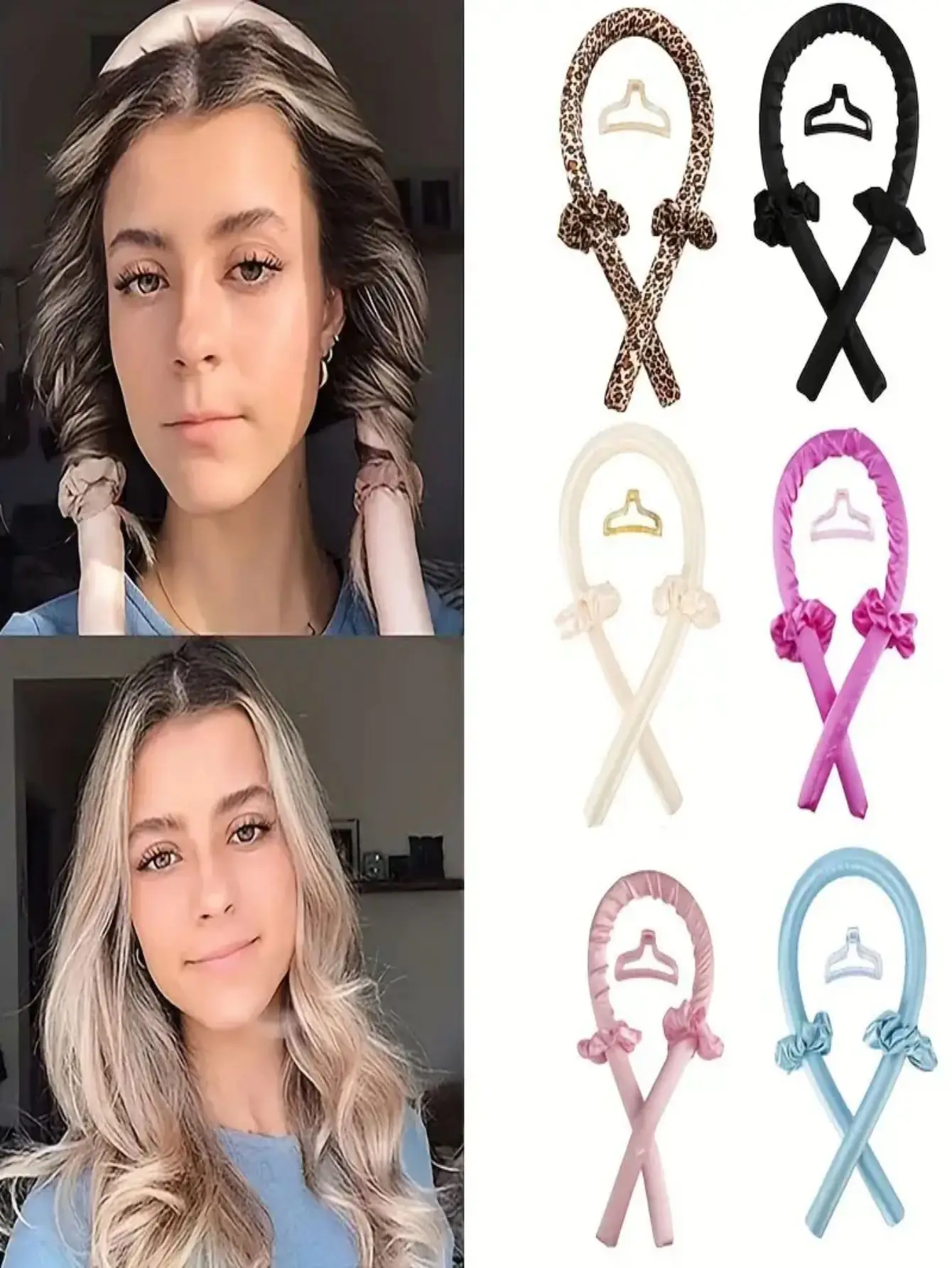 Hitzefreies Locken-Stirnband mit Krallenklammern – Lockenwickler-Set für über Nacht für natürliche Wellen, kein Wärmeschädigungs-DIY-Styling-Werkzeug, weich S