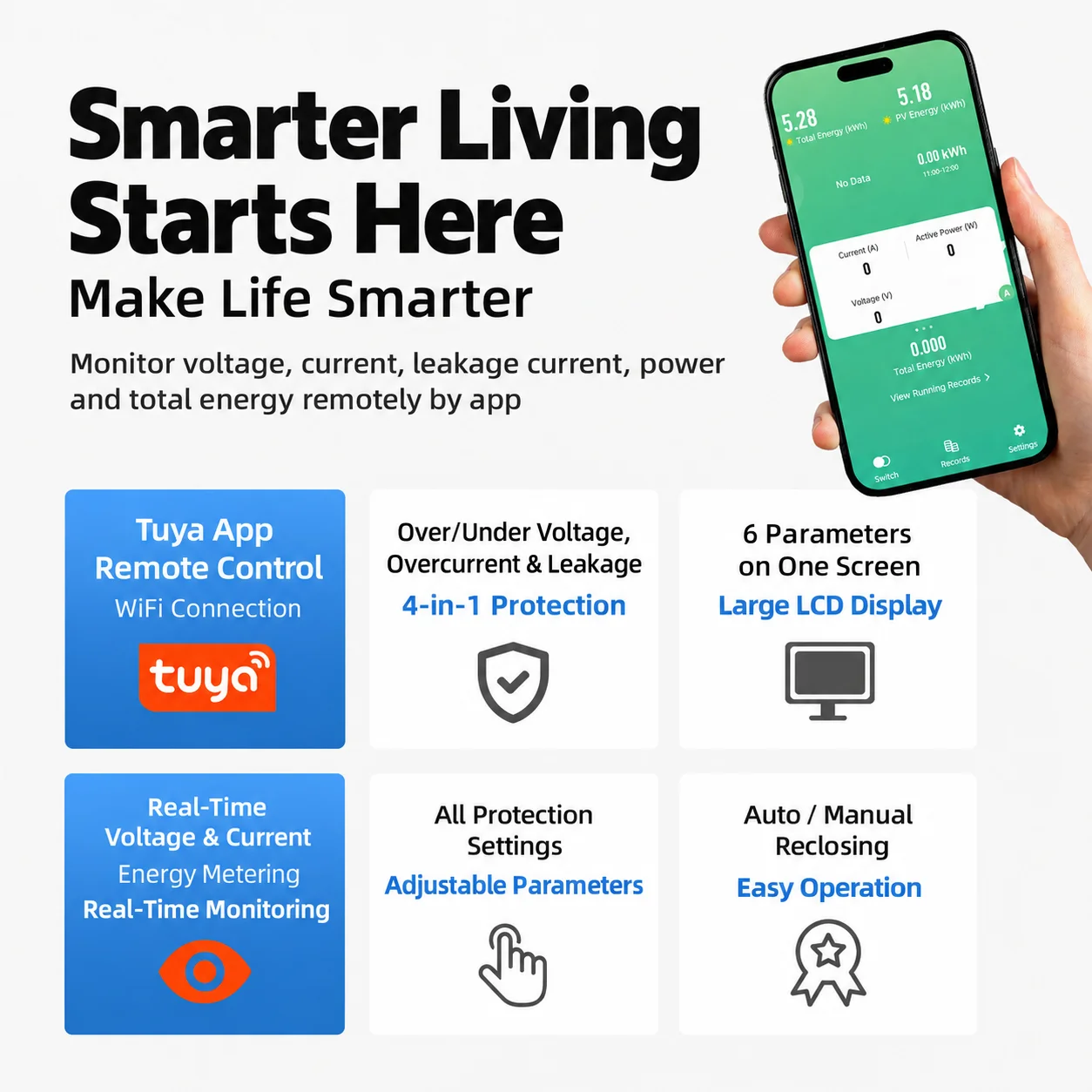 2P 63A Tuya WIFI Smart Life Switch kWh Metering Circuit Breaker Timer with Over/Under Voltage Current and Leakage Protection
