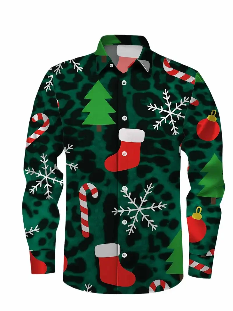 Camisa con estampado navideño de moda en 3D, camisa informal de manga larga para hombre, camisa de diseño callejero para otoño/invierno