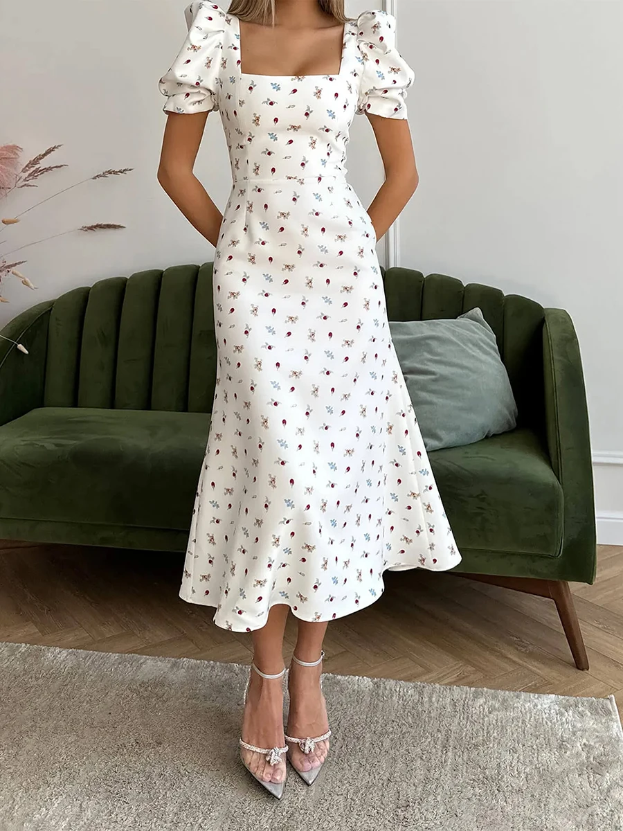 

Women Summer Square Collar Midi Dress Casual Short Puff Sleeve Floral Print Elegant Flowy A-Line Dress