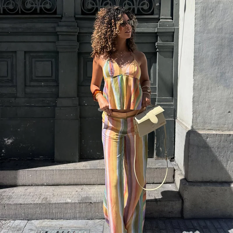 Gestreifte V-Ausschnitt Rückenfreie Crop-Tops und Hosen-Sets für Damen, Sexy Ärmelloses Schnür-Top, Midi-Taille, Weite Hosen, Schicke Damen-Outfits – Detail 14