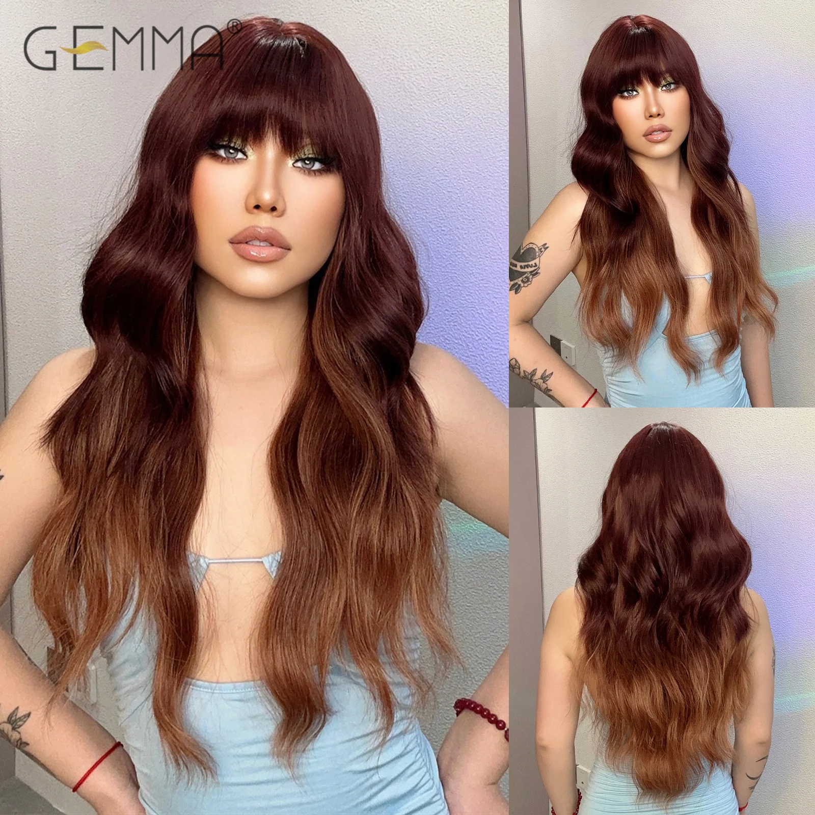 

GEMMA Long Wavy Red Brown Ombre Synthetic Wigs for Women Natural Wave Wig with Bangs Heat Resistant Fibre Cosplay Daily Hair