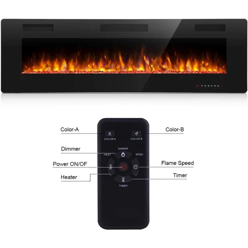 Electric Fireplace Recessed Wall Mounted Fireplace Heater Linear Fireplace Multicolor Flame,Timer Control Touch Panel Remote