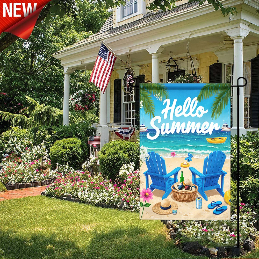 

1PC, Hello Summer Beach Garden Flag, Tropical Ocean Palm Tree Print Outdoor Decorative Flag, Double Sided Waterproof Yard Flag for Patio Lawn Poolside Summer Holiday Party Decorations, Blue Chair Coastal Scene Seasonal Garden Bann