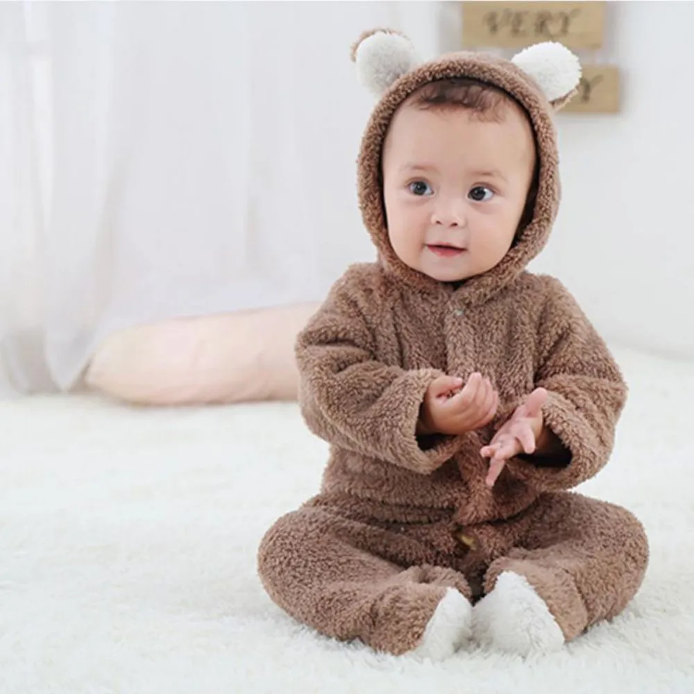 Baby Solid Flannel bodysuit for newborn boys girls 0-12M Long Sleeve Rompers with Bear Ear Winter Warm Crawl Suit Kids Homewear