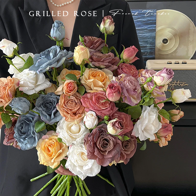 3Dried rose artificial flowers with roasted edges, autumn colors, vintage style, for wedding decorationDIYFlowers
