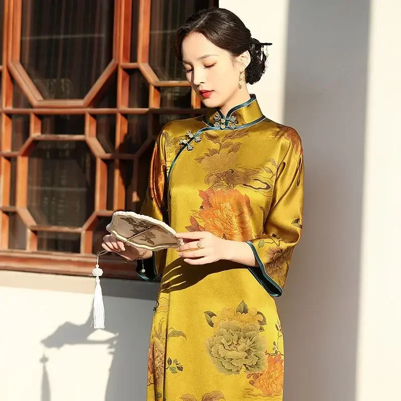 Women Chinese Traditional Style Qipao Dress Yellow Peony Print Large Sleeves Modern Modified Cheongsam Elegant Evening Dresses