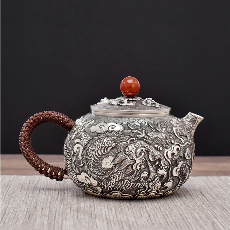 

Dragon Playing with Pearls Teapot Purely Handmade Filtration Household Sterling Silver 999 Gem Perfect for Birthday Gifts