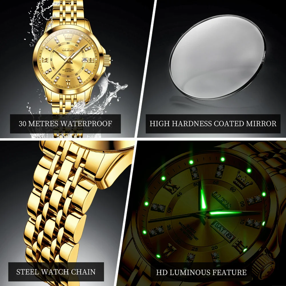 OLEVS 3620 Couple Watch Luxury Brand Diamond Scale Double Calendar Watch Waterproof Luminous Quartz Men's and Women Couple Watch