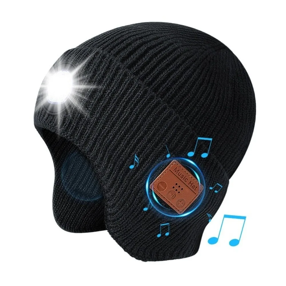 USB Rechargeable LED Lighted Beanie Hat Three-Stage Lighting Detachable Smart Bluetooth Beanie Built-in Speaker Mic