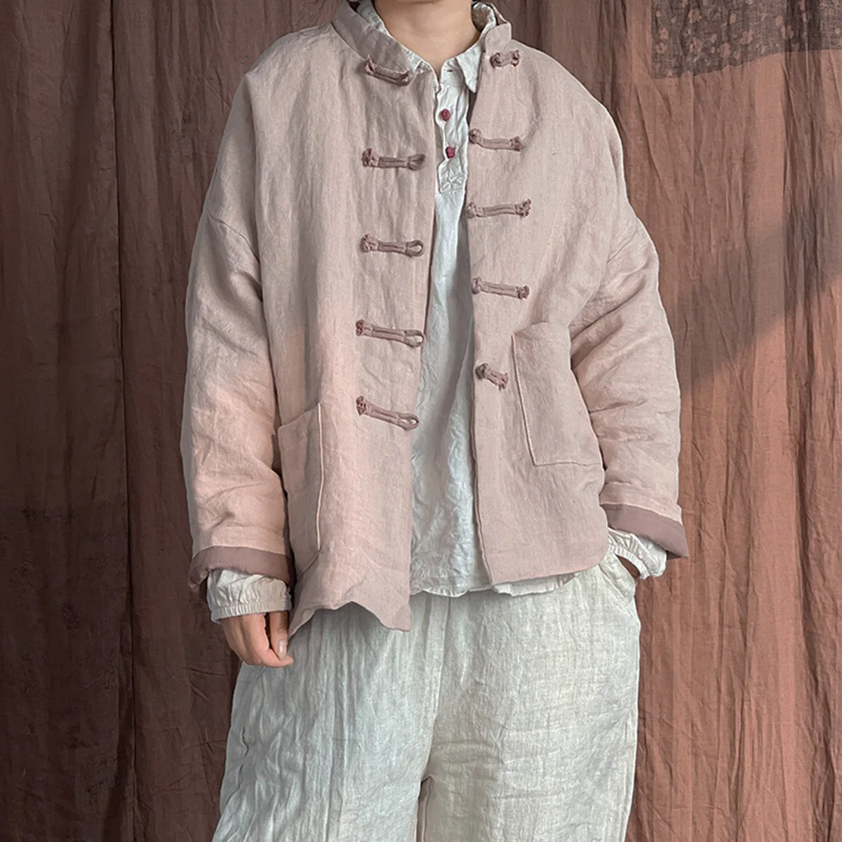 

Womens Fall Thin Quilted Tang Suit Jacket Coat Linen Handmade Frog Button Chinese Style Retro Loose Short Outerwear With Pockets