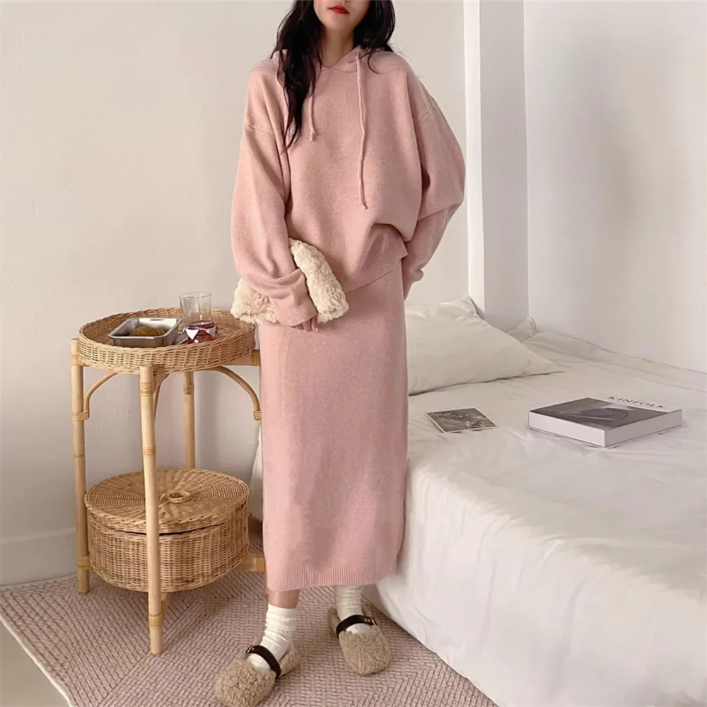 Women Skirt Sets Two Piece Set Knit Hooded Sweaters Pullover Thick Slim Fit High Waist Long Skirts Elegant Lady Winter