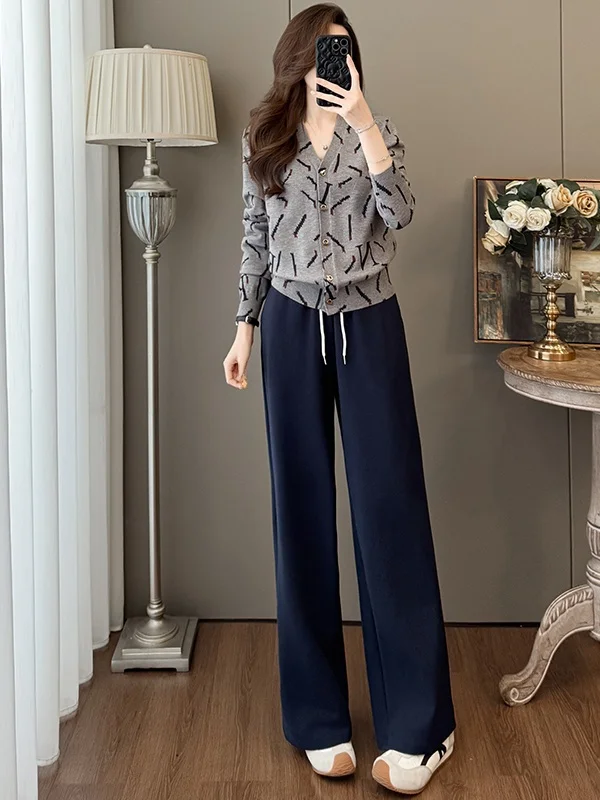 

Slimming Wide Leg Pants V Neck Long Sleeve Women's Fashion Two Piece Set Spring Casual Sportswear Slim Fit Top Bottom Ensemble