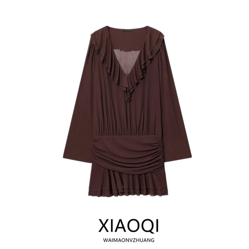 Outono 2025 novo feminino v-ne longo sve a linha ort dr em camadas decoração casual sle 00% outro material dr