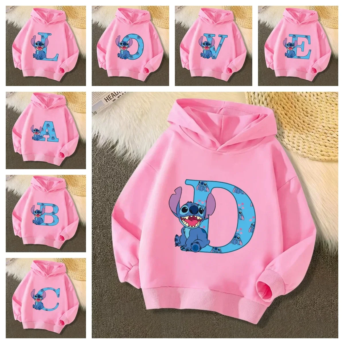 

Kawaii Children Hoodies Stitch Letter ABCD Fashion Pullover Sweatshirt Anime Manga Cartoons Girls Boy Kids Casual Clothes Tops