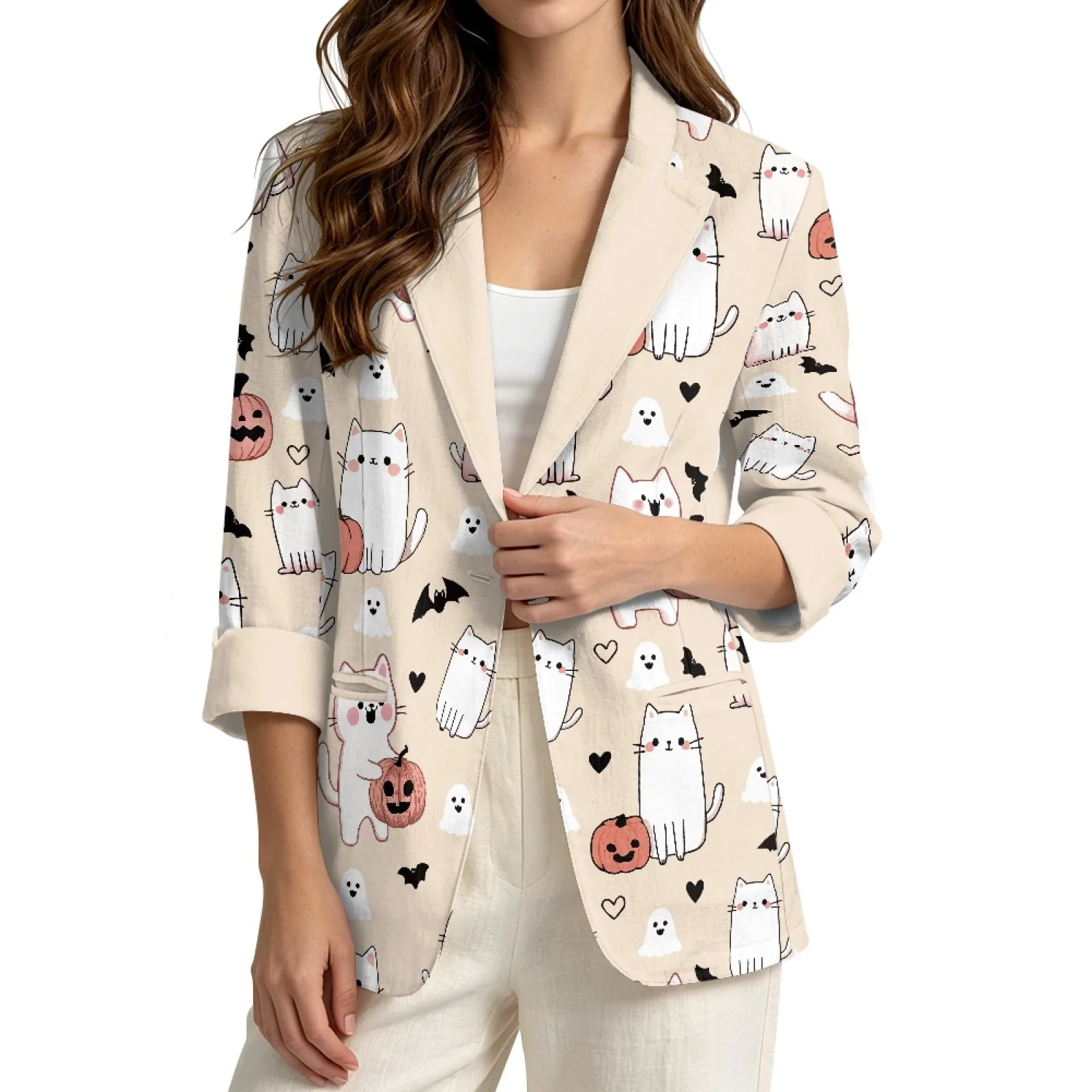 INSTANTARTS Cárdigan de Lino para Mujer de Halloween, Chaquetas de Mujer, Blazers y Conjuntos de Traje, Ropa Femenina, Blusas de Mujer, Ropa Barata