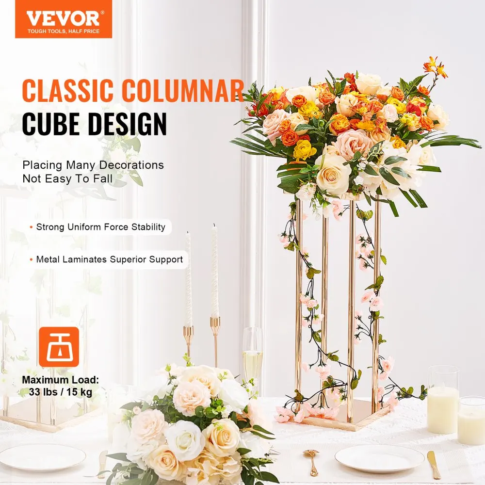 VEVOR Gold Metal Column Wedding Flower Stand High With Metal Laminate Vase Geometric Centerpiece Stands Cylindrical Floral