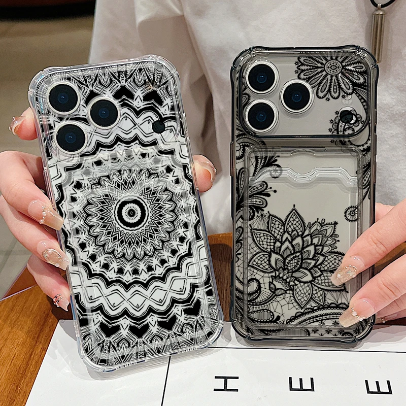 Coque de téléphone transparente en silicone TPU souple avec motif floral rétro et porte-cartes pour iPhone 17e, 17 Pro Max, 16, 15, 14, 13 Pro Max, 16e, 11