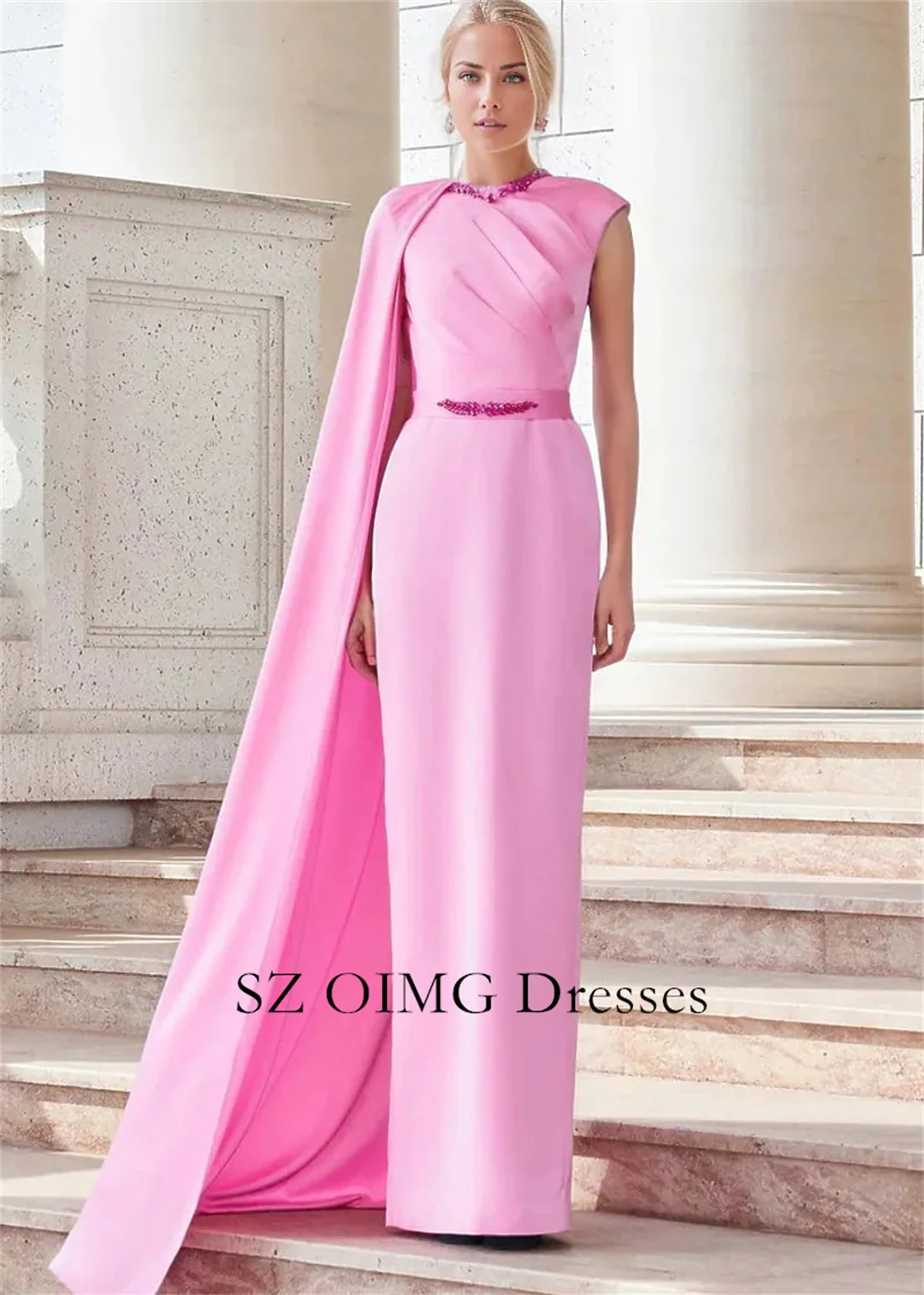 

OIMG O-Neck Satin Vintage Pink Beading Evening Dress Prom Gowns with Cape Sleeves Simple Wedding Party Gowns For Women 2024