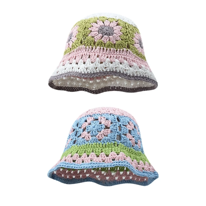 Crochet Wide Brim Bucket Hat Summer Bucket Hat Crochet Flower Fisherman Hat for Adult Teens Skin-Friendly Commute Hat N58F