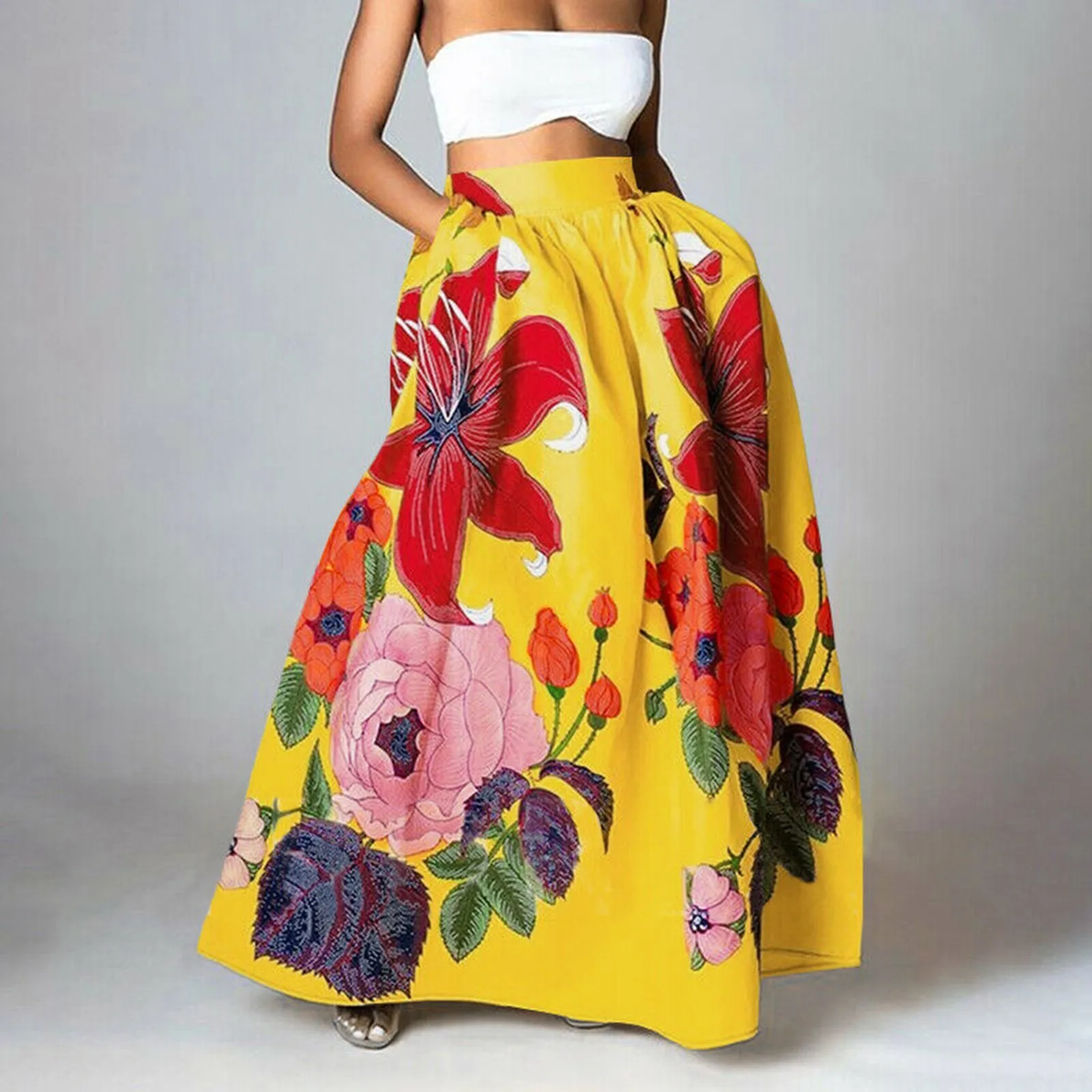 

Ladies Fashionable Bohemian Flower Printing Large Swing Skirts Loose High Waisted Long Half Bodies Skirts With Pocket For Women