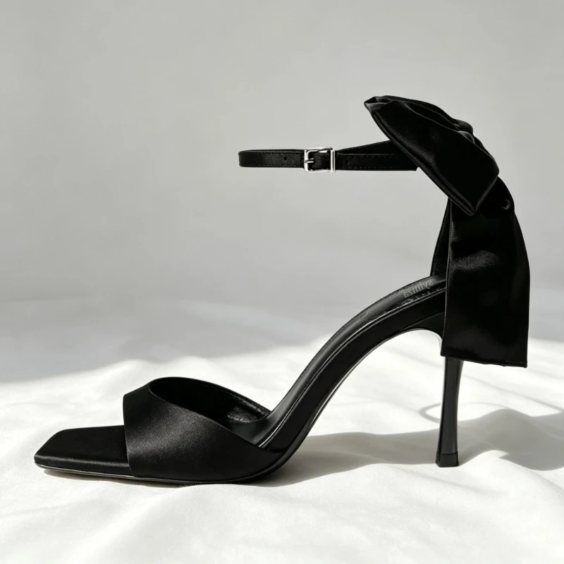 Luxury Satin Bowknot High Heels Women 2026 New Square Toe Ankle Strap Sandals Female Open Toe Elegant Party Shoes Women Pumps