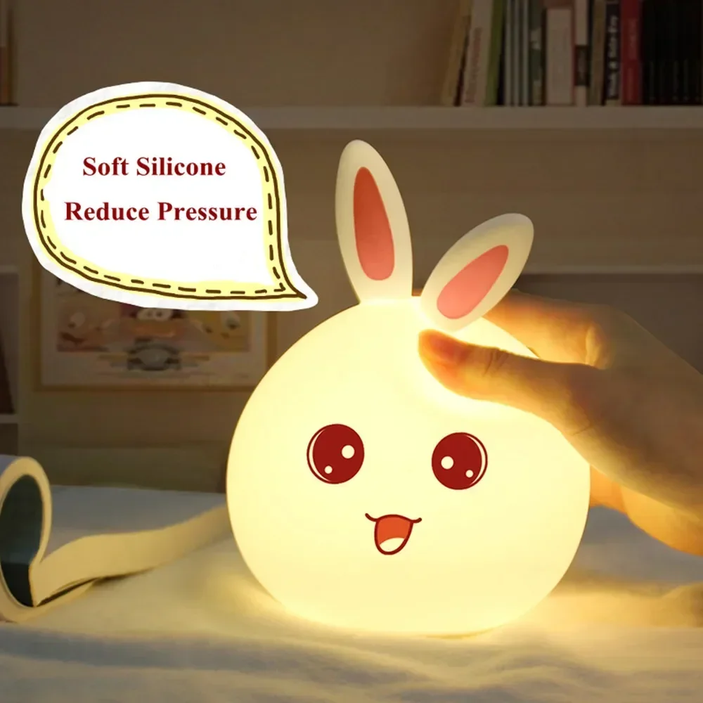 Soft Silicone Night Light Cute Rabbit Lamp Touch Sensor Colorful Bedroom Cartoon Decor Bedside Lamp for Children Kid\'s Gift