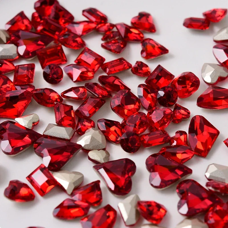 Red Crystal Shiny Pointed Bottom Peach Heart Special-shaped Charm Rhinestone Nail Art Decorations Manicure Accessories Wholesale