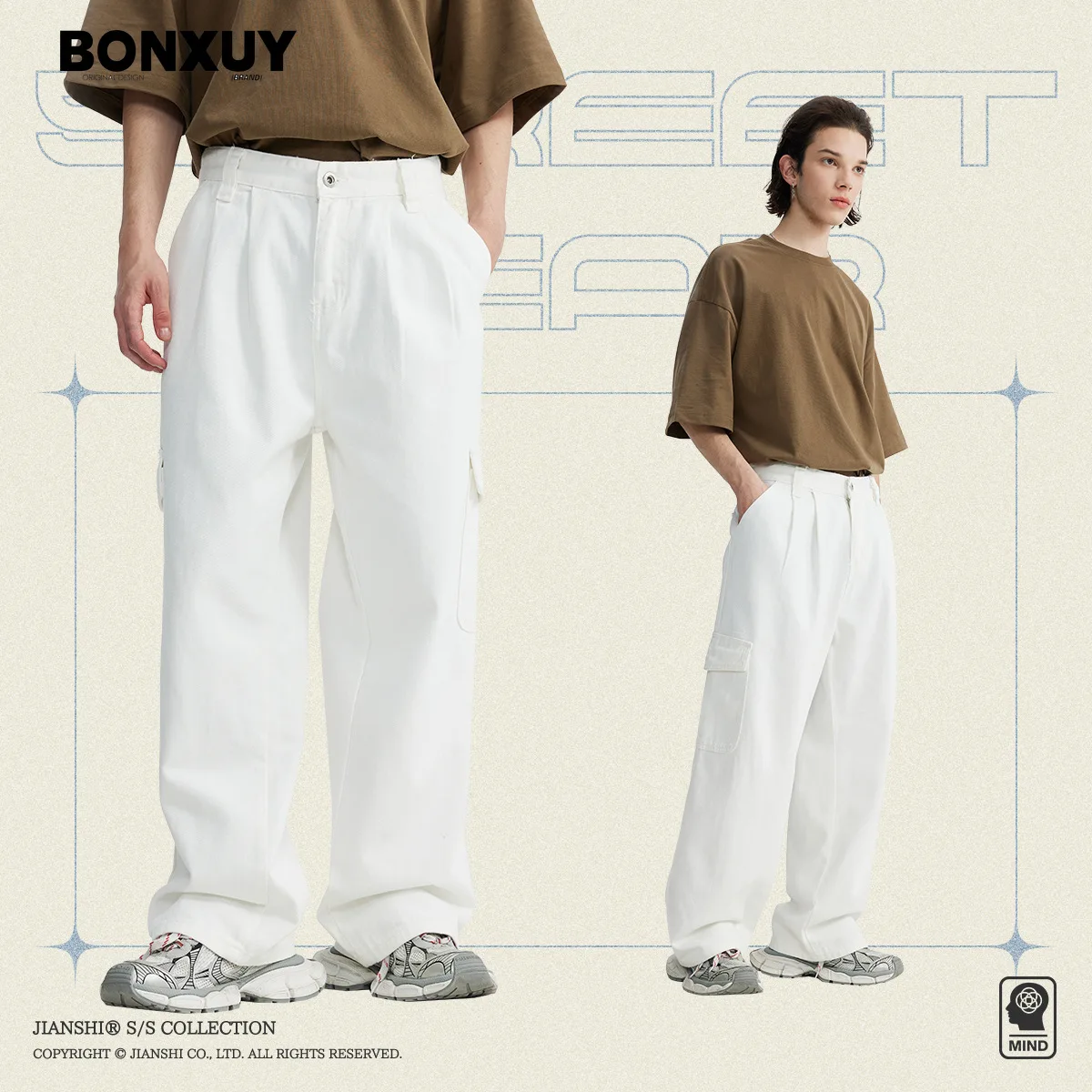 

BONXUY Hong Kong style Japanese workwear style multi-pocket white baggy jeans men's trendy handsome high street casual pants