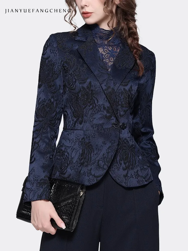 Elegant Suit Collar Women\' Dark Blue Jacquard Blazer Elegant Slim Short Female Autumn Winter Coat Jacket Office Ladies Tops