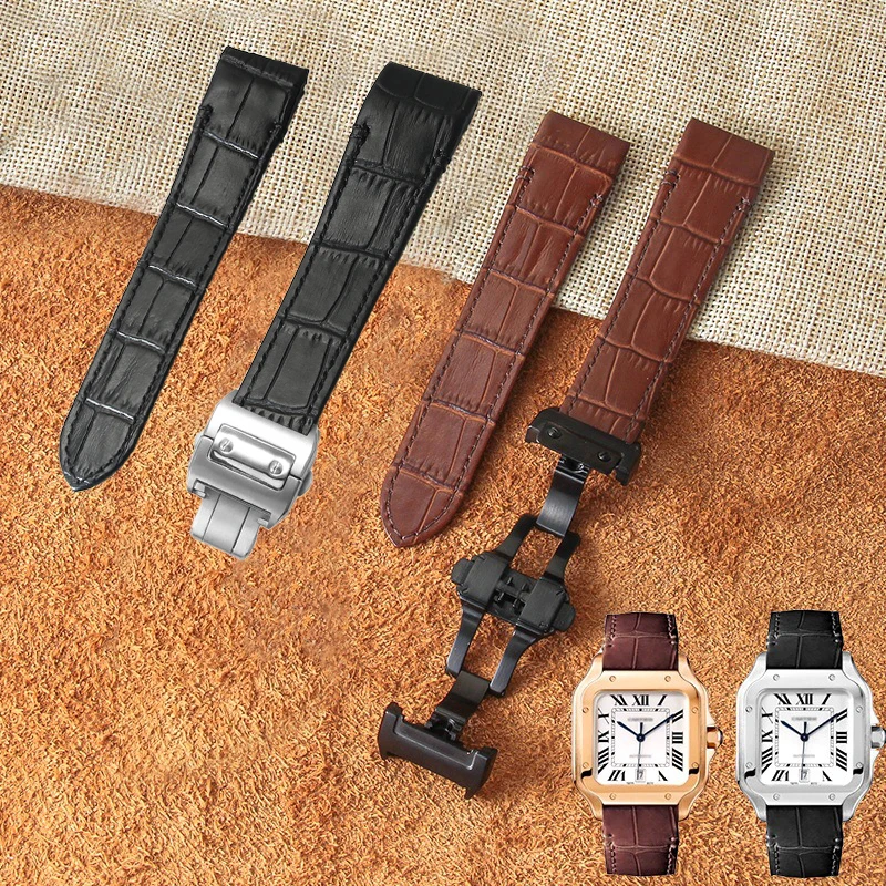 for Cartier Santos Genuine Leather Watchband 20mm Cowhide Watch Strap Stainless Steel Folding Buckle Men Women Waterproof Belt
