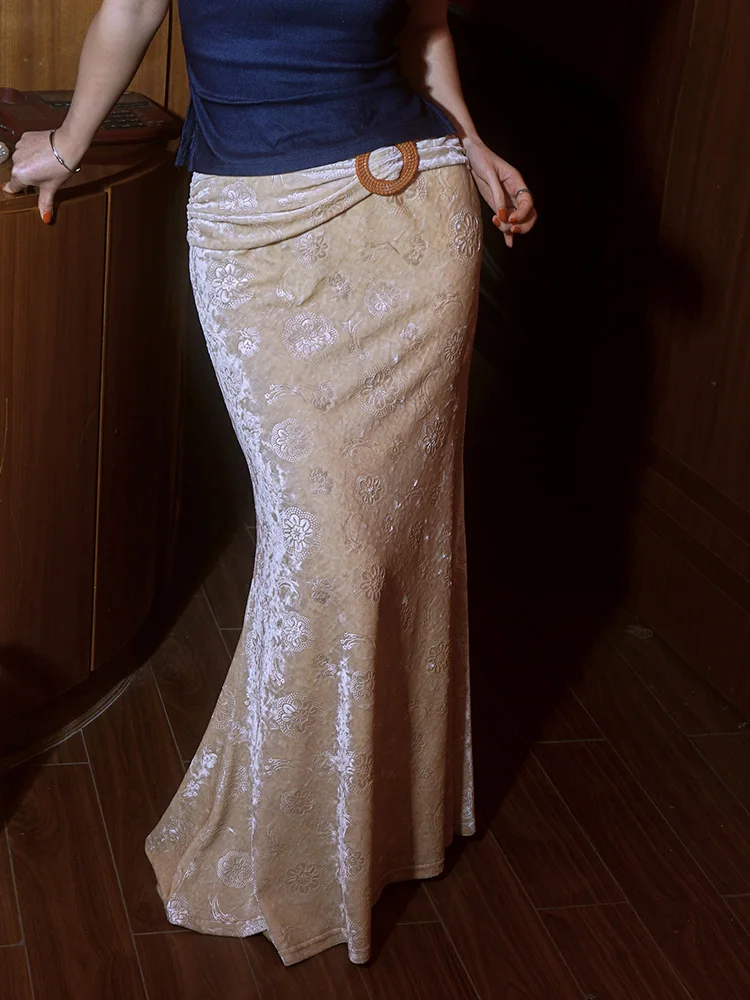 

Gold Velvet Embroidered Split High Waist Women's Skirt Fi Tail Gown Casual Sle Busin Date Performance Dance Skirt