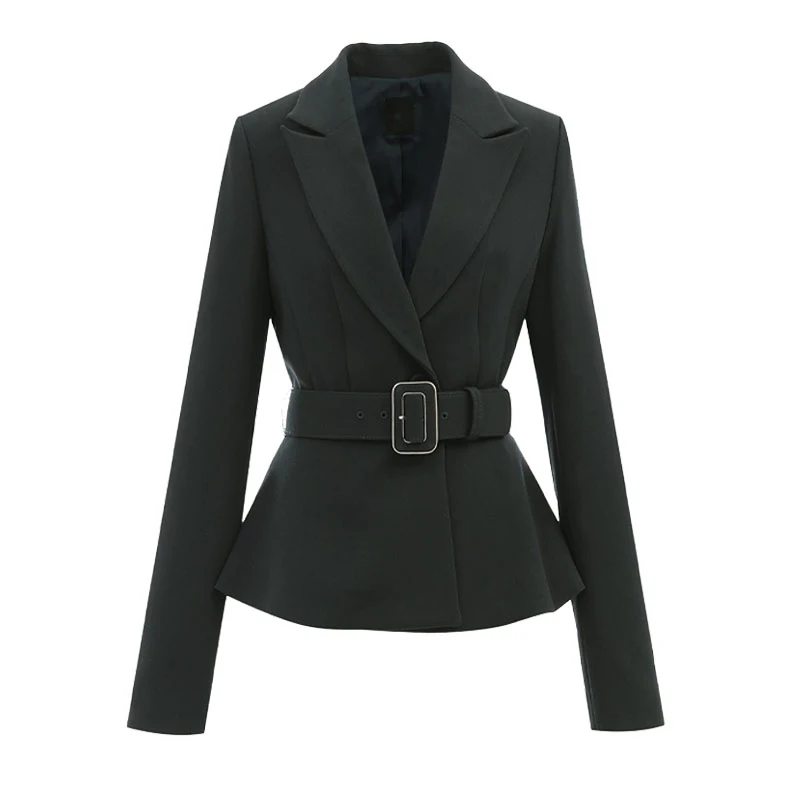 Elegancki damski garnitur długi z paskiem, wyszczuplający, na wiosnę i jesień, nowy, do pracy, prosty krój.