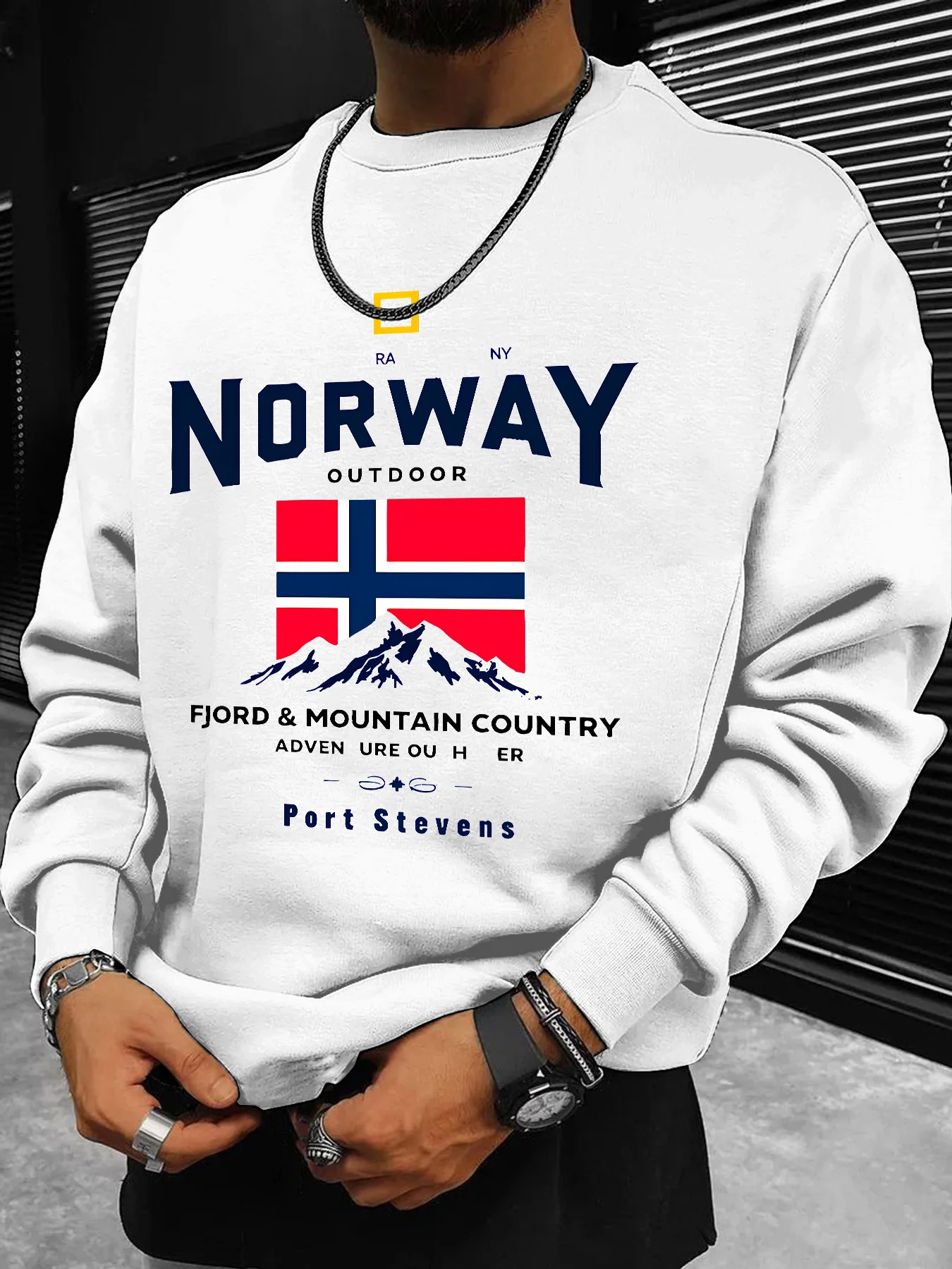 سويت شيرت رجالي، علم نرويجي ونمط جبل الثلج ونص "NORWAY OUTDOOR"، ملابس يومية غير رسمية للخريف والشتاء