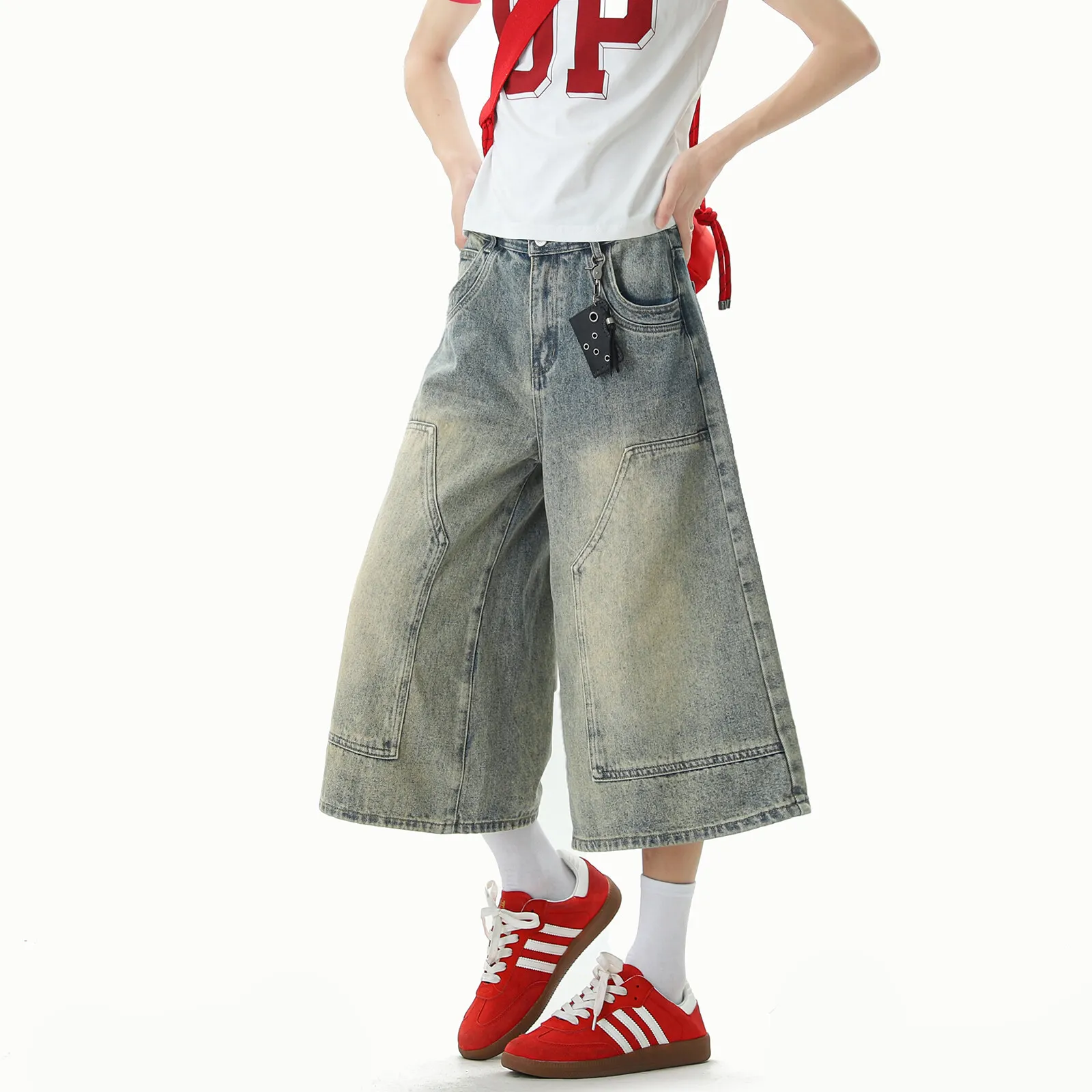 Jeans Men Washed Denim Cropped Pants Patchwork Design Summer Cool Wide Leg Breathable Jeans Casual Fashion Lightweight Trendy