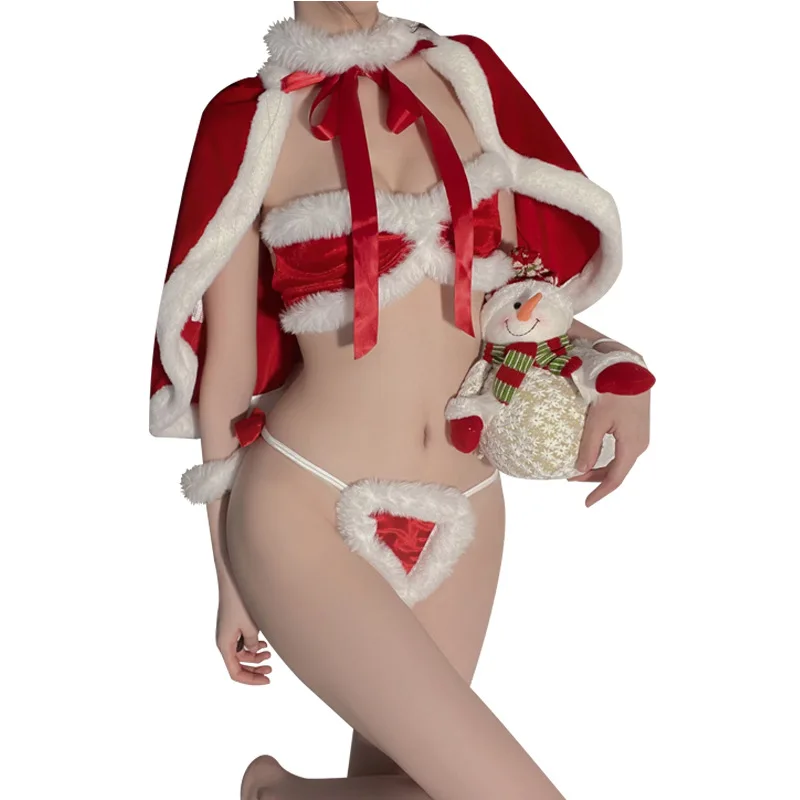 Women Red Christmas Sexy Lingerie Set Cosplay Rabbit Girl Santa Bra Panty Plush V-neck Erotic Costume Lovely Bunny Ear Cloak New - Image 4