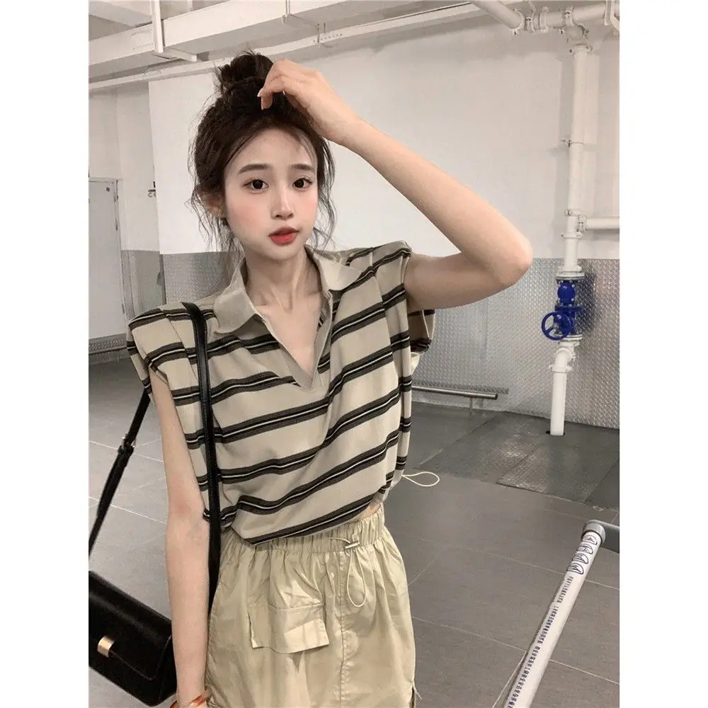 Spring/Summer Fashion Set Korean Polo Neck Striped T-shirt Top Mid Length High Waist Slim Skirt Two Piece Set