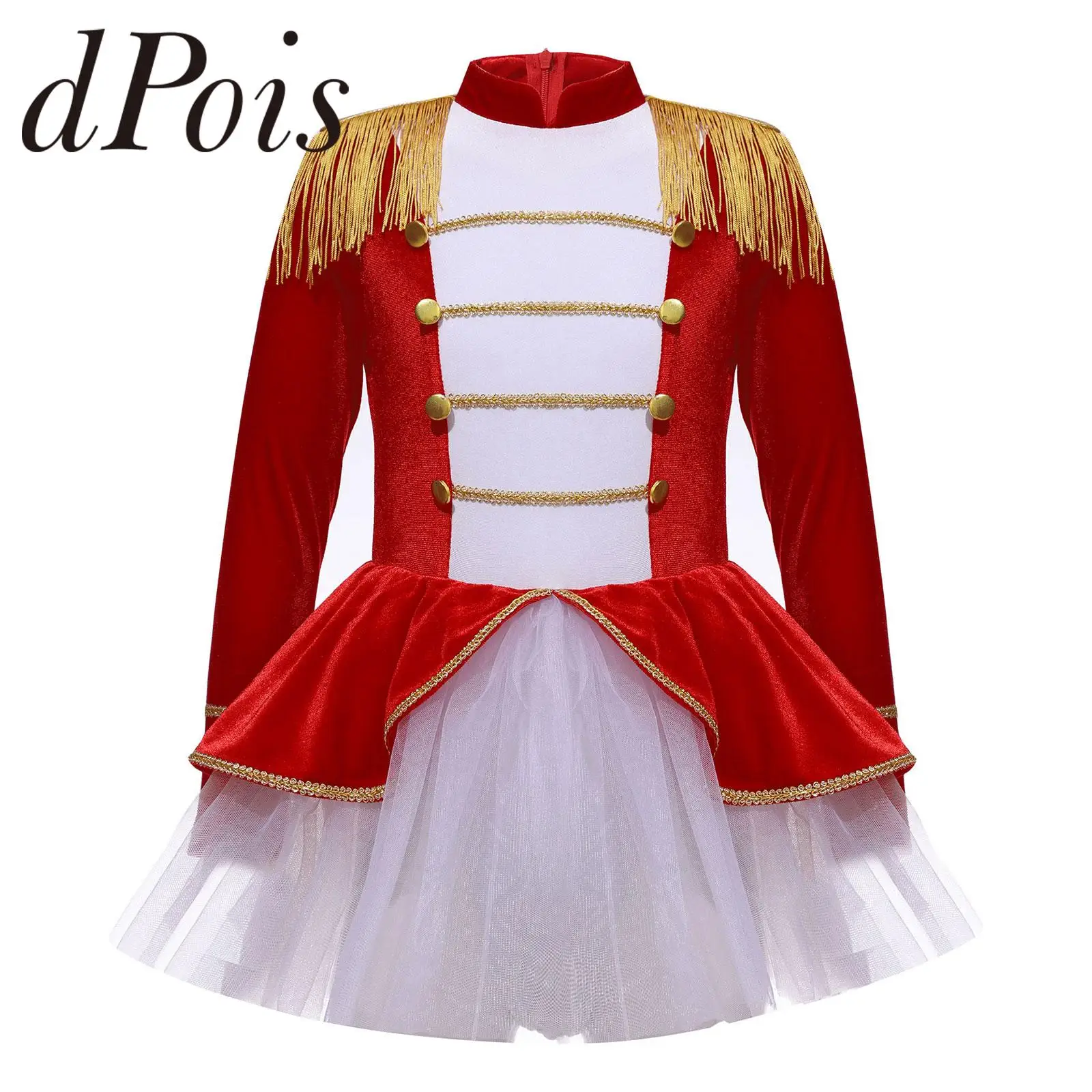 

Kids Girls Long Sleeve Tassel Epaulet Tutu Leotard Dress Halloween Cosplay Carnival Party Christmas Circus Ringmaster Costume