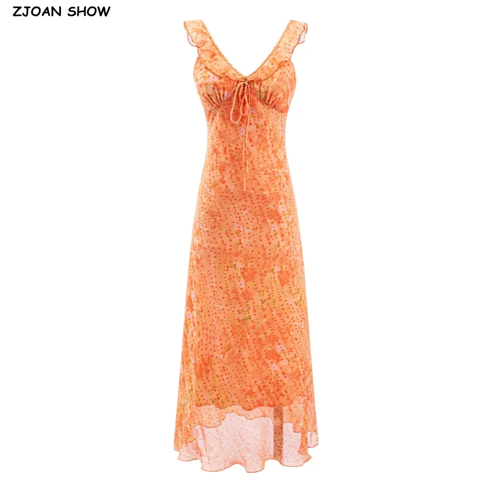 Summer Women Orange Gradient Leopard Bow V neck Ruffles Strap Sling Dress Slim Waist Side Zipper Midi Tank Dresses Vestidos Robe