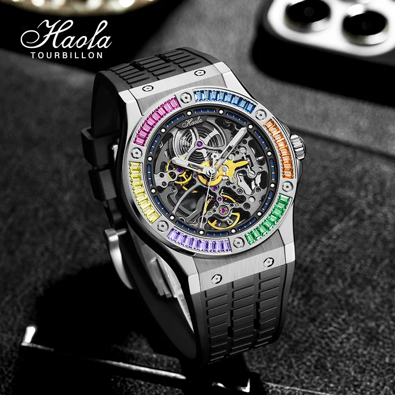 Haofa Mens watch Automatic Mechanical Diamond Skeleton Luminous Panoramic watch stainless steel case luxury watches for men1913S