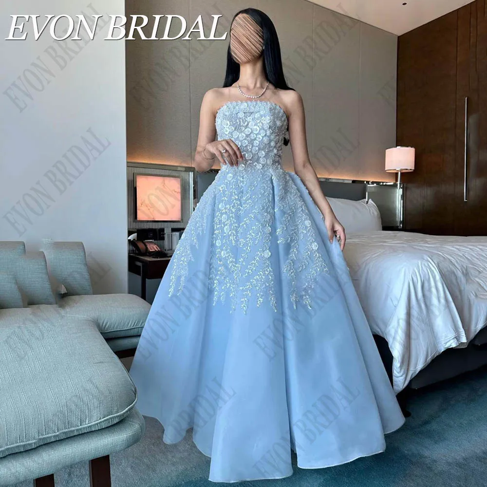 

JEHETH Gorgeous Blue Organz Prom Dresses Strapless Formal Sleeveless A Line Saudi Arabic Evening Party Gowns فستان حفلات الزفاف