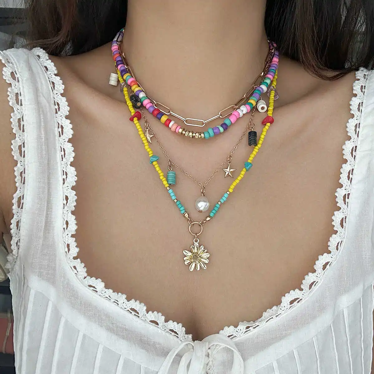 

Rainbow Luxury Fashion MultiLayer Palace Style Beaded Necklace with Rice Beads Elegant Collarbone Chain Flower Overlay Pendant