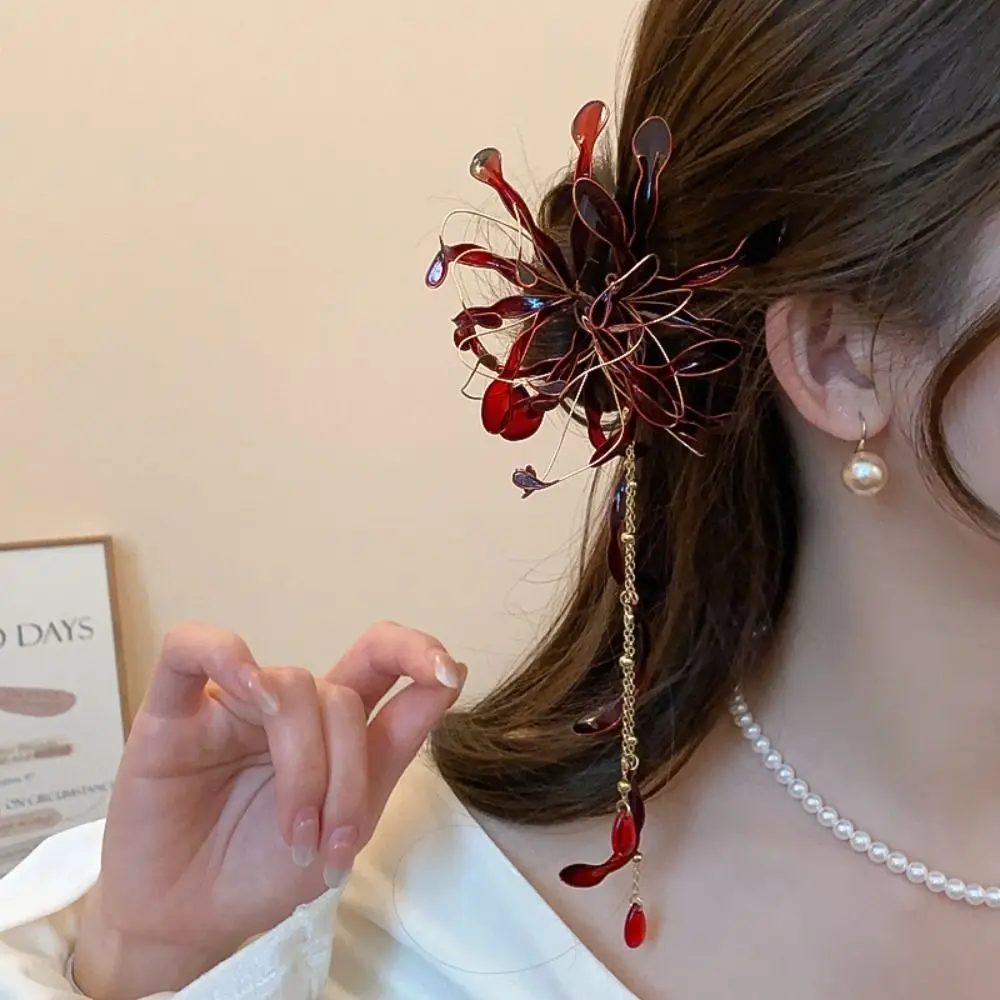Chinese Style Spider Lily Flower Hair Sticks Super Fairy Vintage Dripping Oil Tassel Hairpins Wedding Hanfu Chopsticks