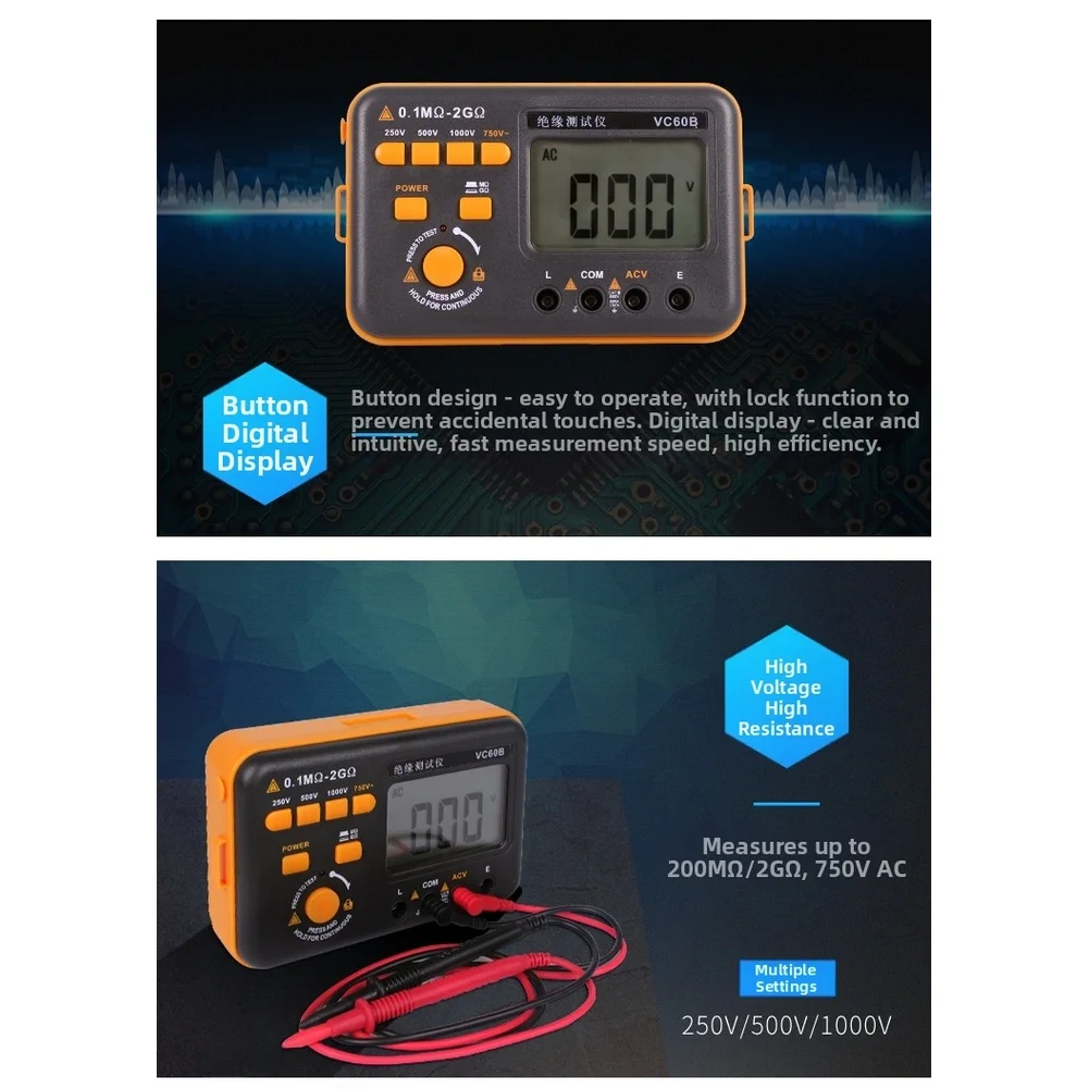 Insulation Resistance Tester VC60B Digital High Voltage Megohmmeter 250V 500V 1000V 1999 Count LCD Backlight Display