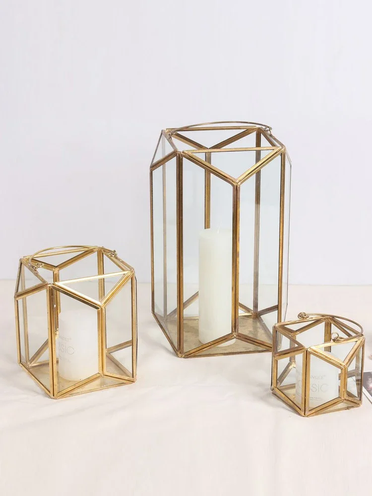 Decoration Table Accessories Candlesticks for Candles Glass Holder for Wind Protection Storm Lantern Dinner Retro Gold Trapezoid